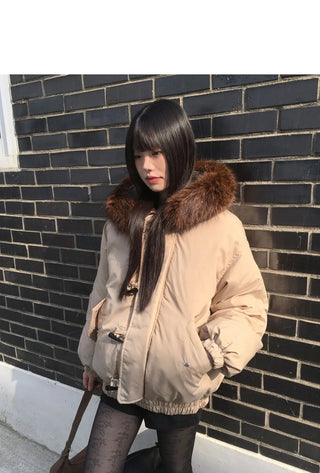 Coron Tteokbokki Balloon Over Fur Hooded Zip-Up Padding