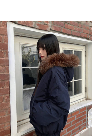 Coron Tteokbokki Balloon Over Fur Hooded Zip-Up Padding