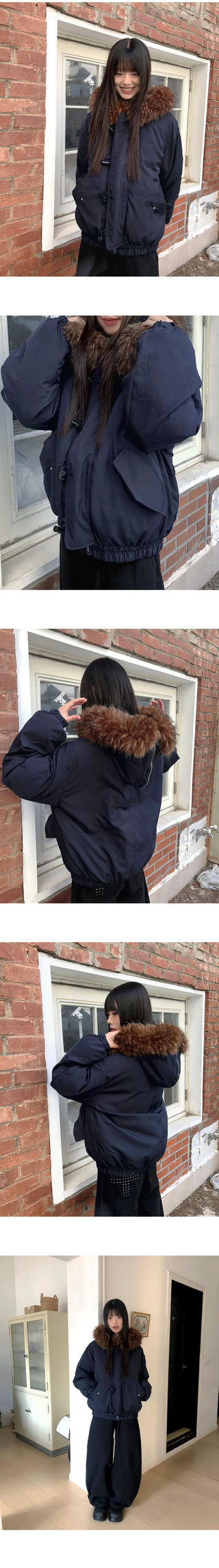 Coron Tteokbokki Balloon Over Fur Hooded Zip-Up Padding