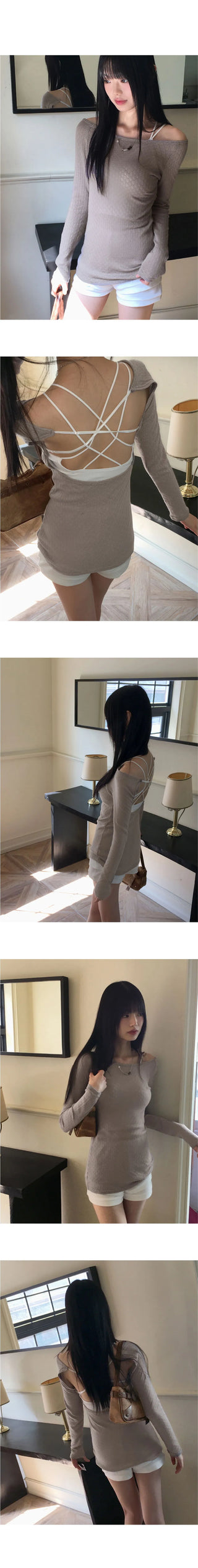 Tealit back slit cross strap punching U-neck off shoulder long sleeve T-shirt