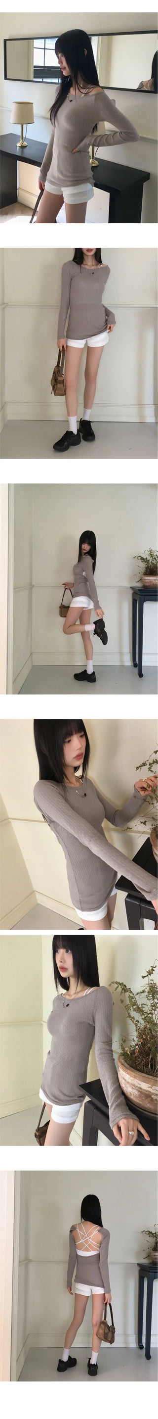 Tealit back slit cross strap punching U-neck off shoulder long sleeve T-shirt