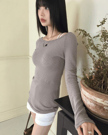 Tealit back slit cross strap punching U-neck off shoulder long sleeve T-shirt