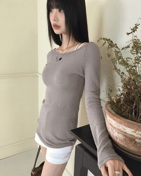 Tealit back slit cross strap punching U-neck off shoulder long sleeve T-shirt