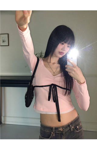 Lure Ballet Core Ribbon Color Heart Neck Long Sleeve T-Shirt