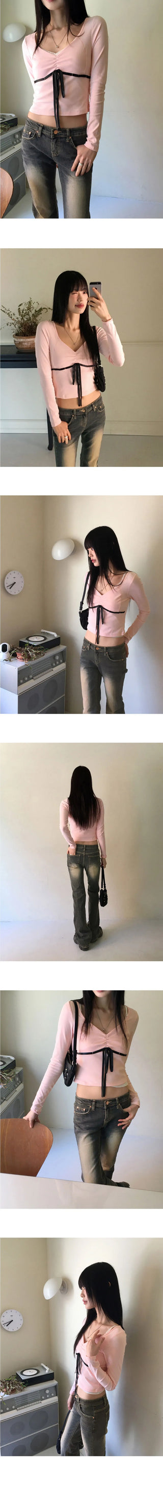 Lure Ballet Core Ribbon Color Heart Neck Long Sleeve T-Shirt