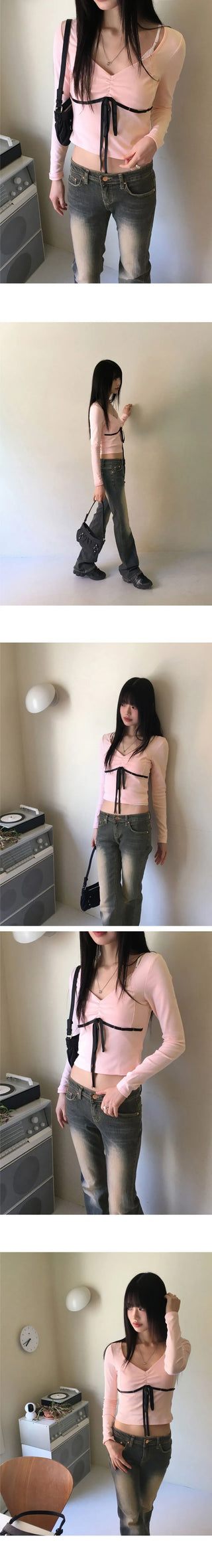 Lure Ballet Core Ribbon Color Heart Neck Long Sleeve T-Shirt