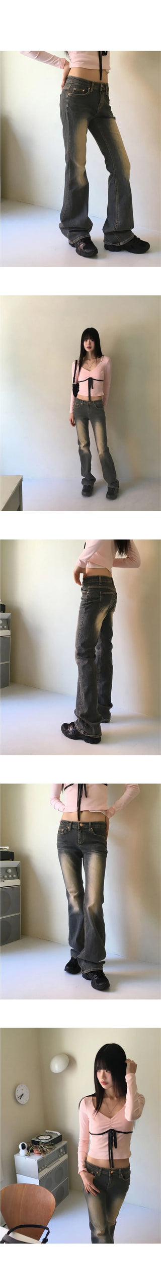 Noi Faded washed low rise long Flared denim pants