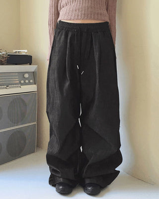 Furba pintuck shirring Raw denim two-way long wide jogger pants