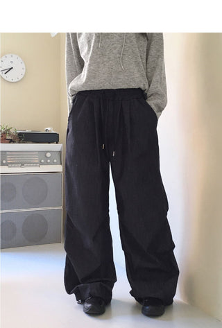 Furba pintuck shirring Raw denim two-way long wide jogger pants