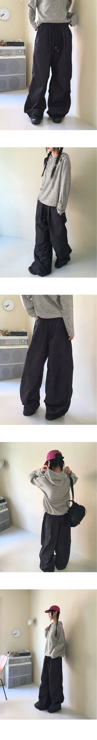 Furba pintuck shirring Raw denim two-way long wide jogger pants