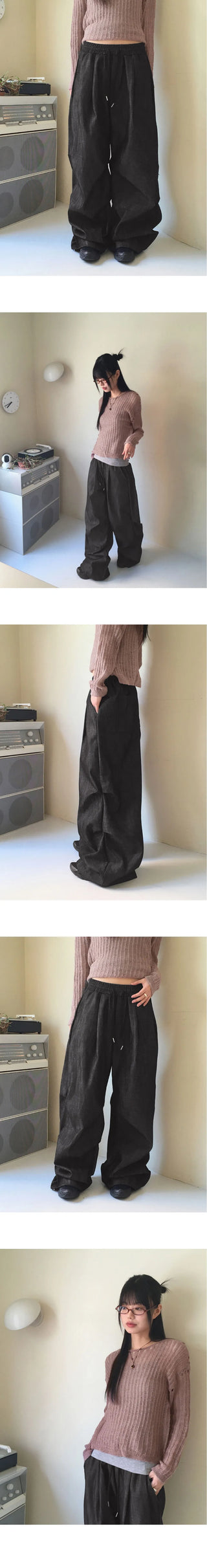 Furba pintuck shirring Raw denim two-way long wide jogger pants