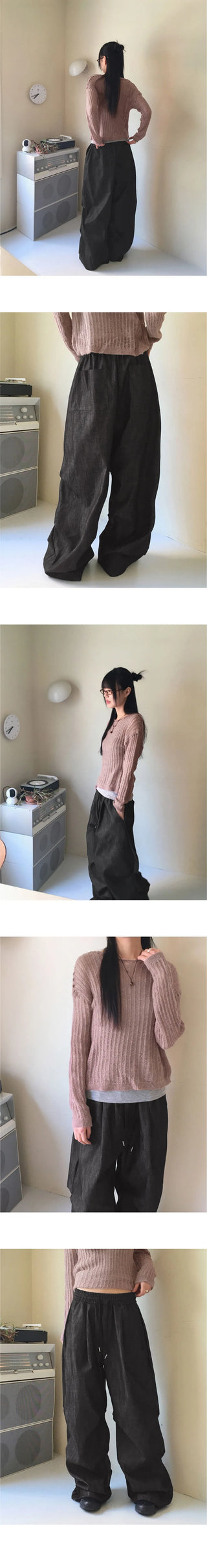 Furba pintuck shirring Raw denim two-way long wide jogger pants