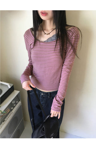 Gtel Vintage Striped Deep U-Neck Long Sleeve T-Shirt