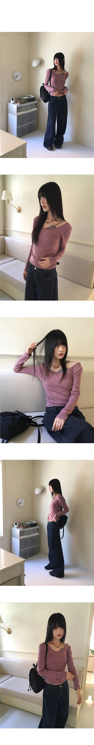 Gtel Vintage Striped Deep U-Neck Long Sleeve T-Shirt