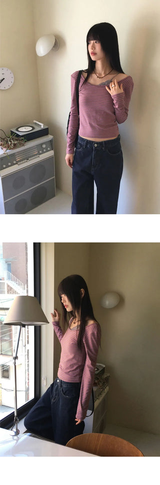 Gtel Vintage Striped Deep U-Neck Long Sleeve T-Shirt