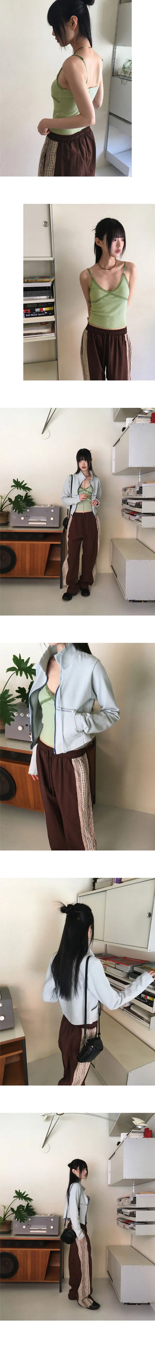 Rocher neck string Split color combination zip-up