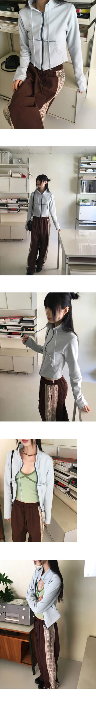 Rocher neck string Split color combination zip-up