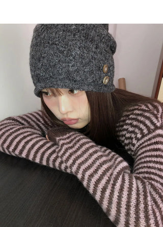 Warm Button Knitwear Wool Beanie