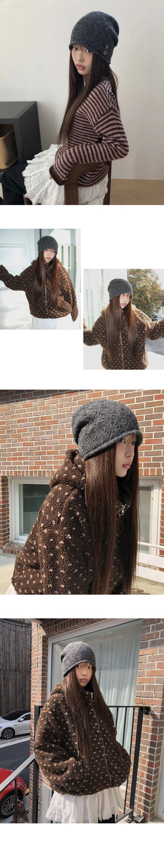 Warm Button Knitwear Wool Beanie