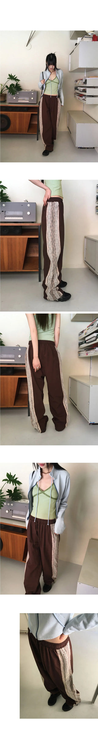 Fairine nylon lace color combination two-way long wide jogger pants