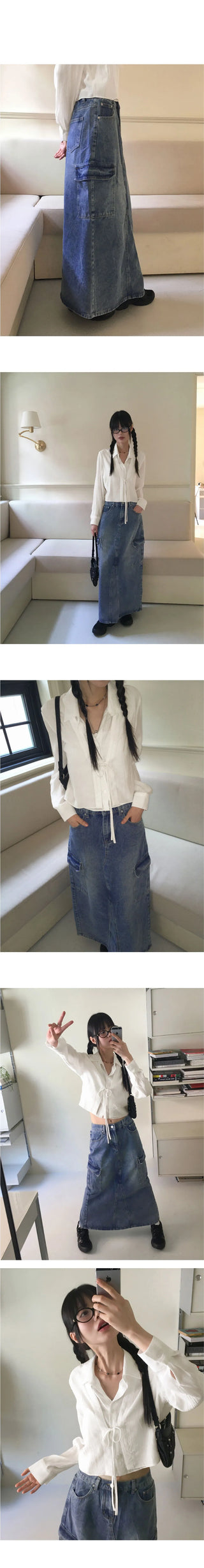 Plaque Split cargo pocket, back band, back slit, denim long skirt