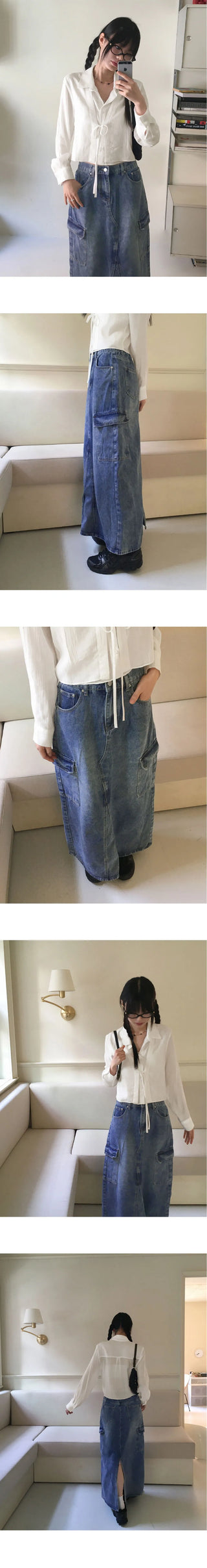Plaque Split cargo pocket, back band, back slit, denim long skirt