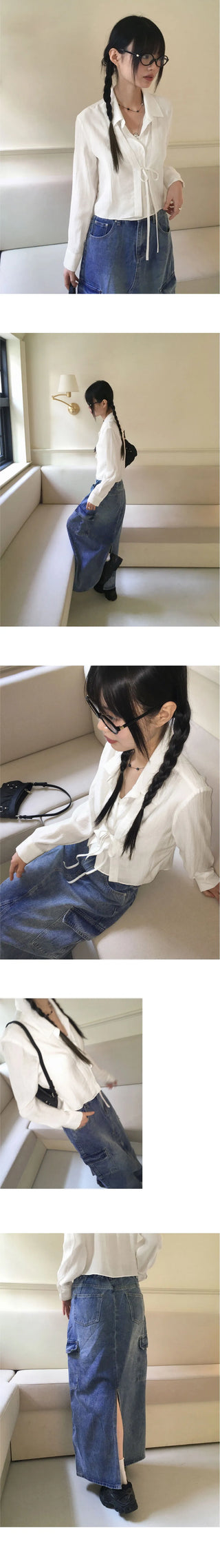 Plaque Split cargo pocket, back band, back slit, denim long skirt