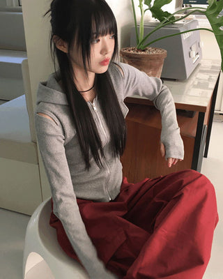 Mund shoulder sleeve slit cutout warmer Ribbed -up