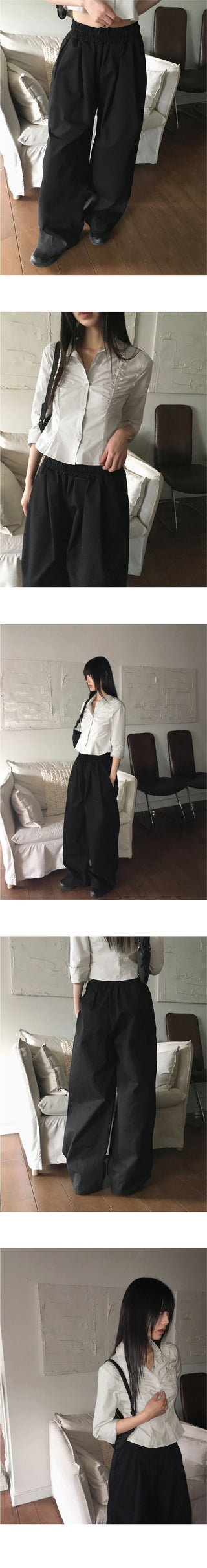 Pvit two-pin tuck banding cotton long wide pants