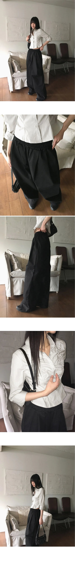 Pvit two-pin tuck banding cotton long wide pants