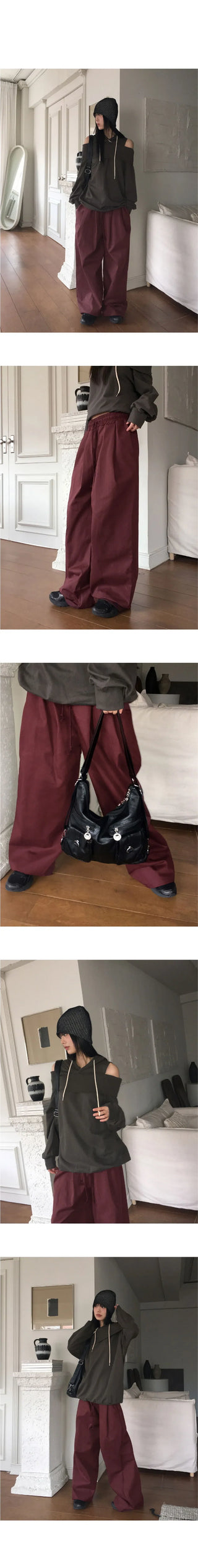 Pvit two-pin tuck banding cotton long wide pants