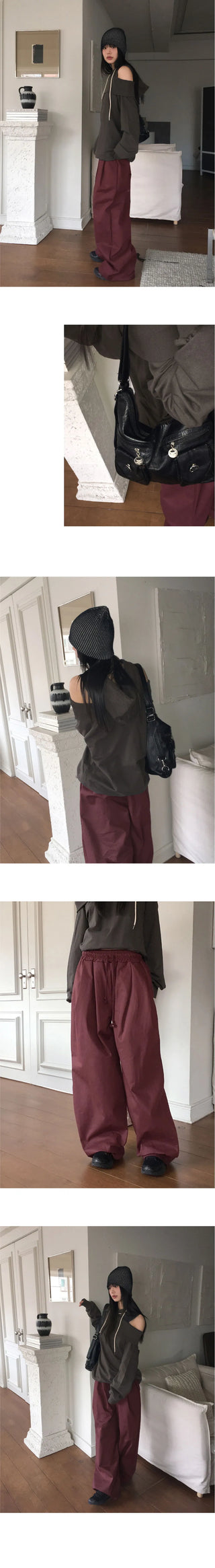 Pvit two-pin tuck banding cotton long wide pants