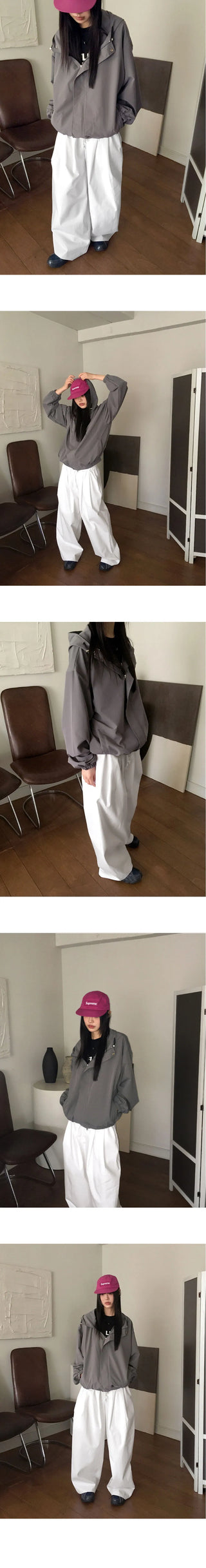 Pvit two-pin tuck banding cotton long wide pants