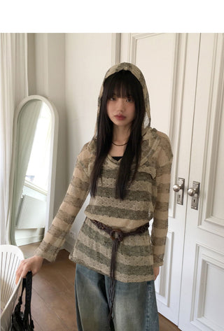 Nion See-through Striped Hood Long Sleeve Knitwear