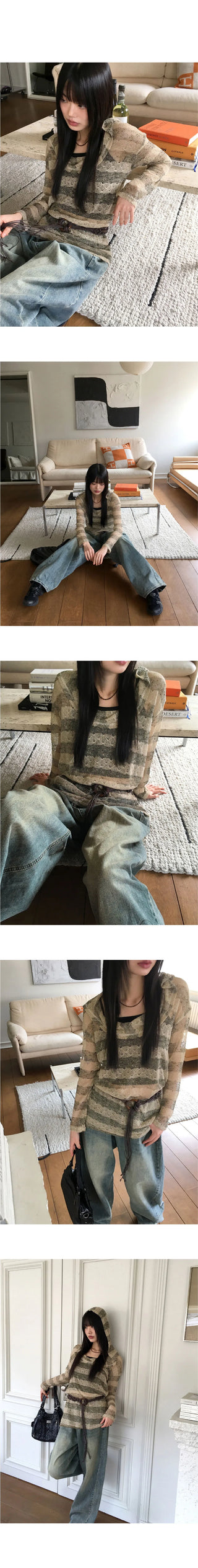 Nion See-through Striped Hood Long Sleeve Knitwear