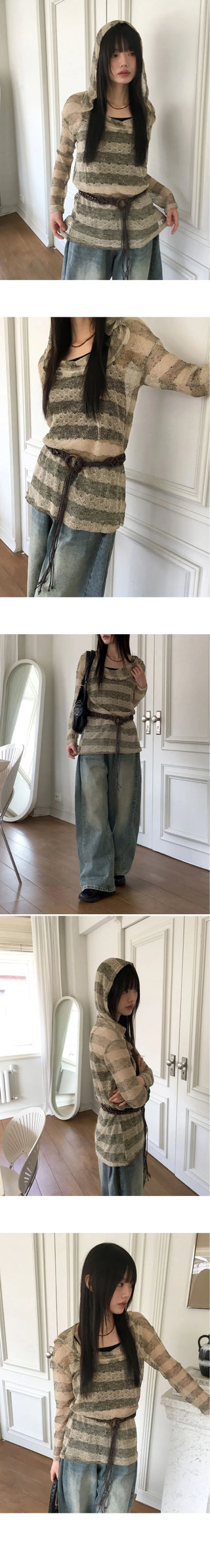 Nion See-through Striped Hood Long Sleeve Knitwear