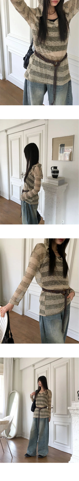 Nion See-through Striped Hood Long Sleeve Knitwear