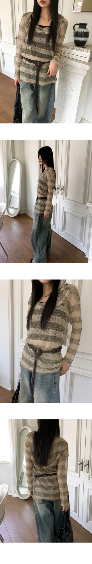 Nion See-through Striped Hood Long Sleeve Knitwear