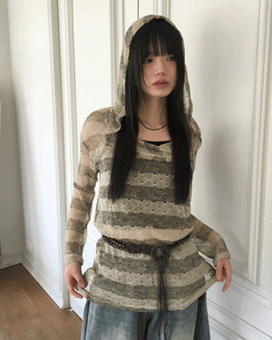 Nion See-through Striped Hood Long Sleeve Knitwear