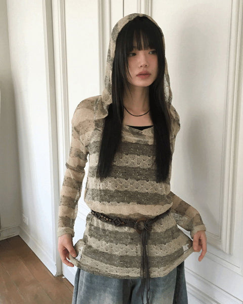 Nion See-through Striped Hood Long Sleeve Knitwear