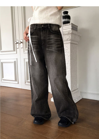 Jibber snap button Black Denim Faded wide denim pants