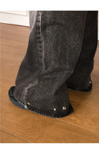 Jibber snap button Black Denim Faded wide denim pants