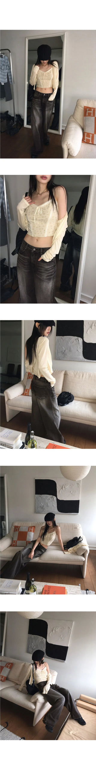 Jibber snap button Black Denim Faded wide denim pants