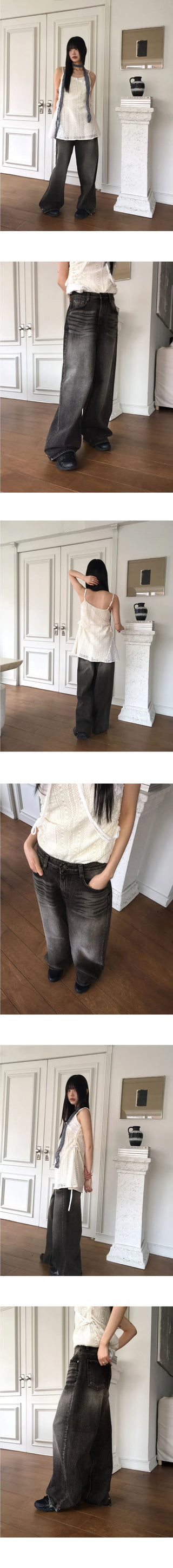 Jibber snap button Black Denim Faded wide denim pants