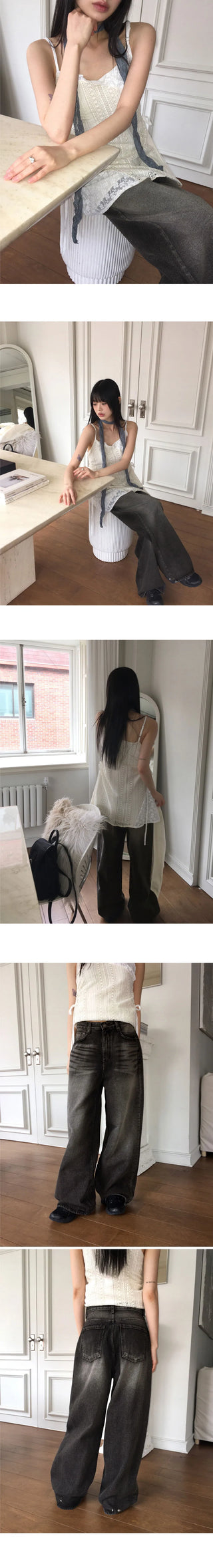 Jibber snap button Black Denim Faded wide denim pants