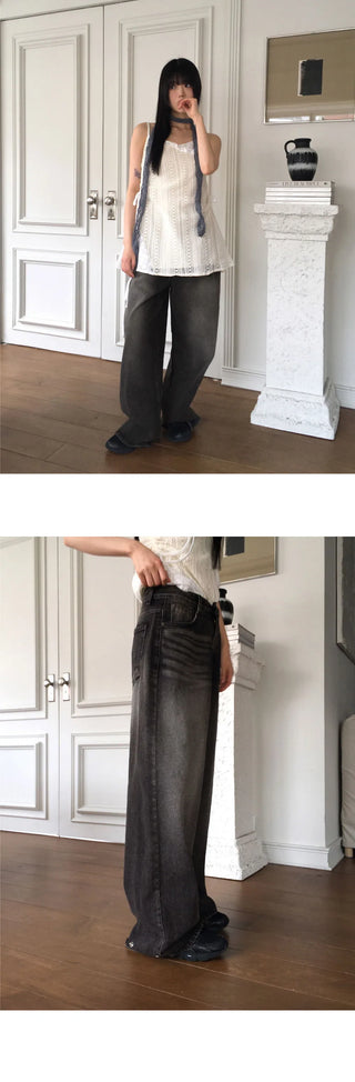 Jibber snap button Black Denim Faded wide denim pants