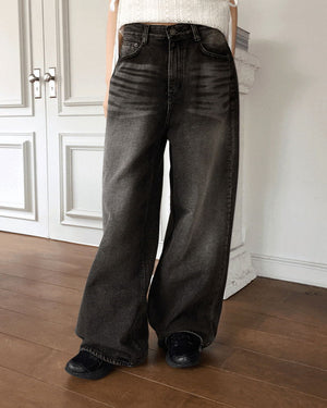 Jibber snap button Black Denim Faded wide denim pants