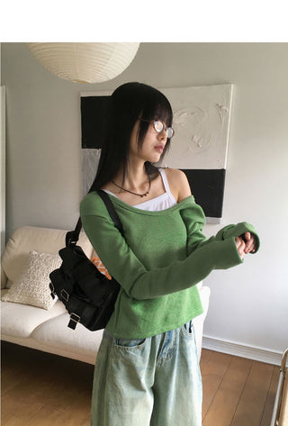 Soft vivid Ribbed -shoulder Loose-fit deep U-neck long sleeve T-shirt