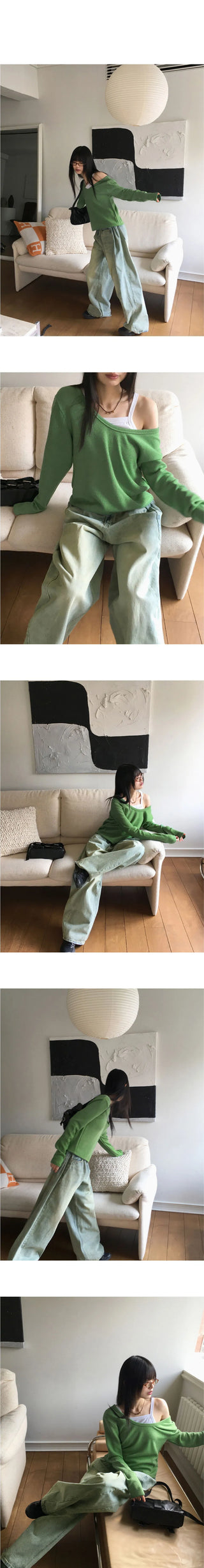 Soft vivid Ribbed -shoulder Loose-fit deep U-neck long sleeve T-shirt