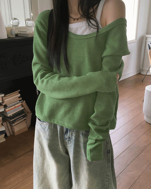 Soft vivid Ribbed -shoulder Loose-fit deep U-neck long sleeve T-shirt